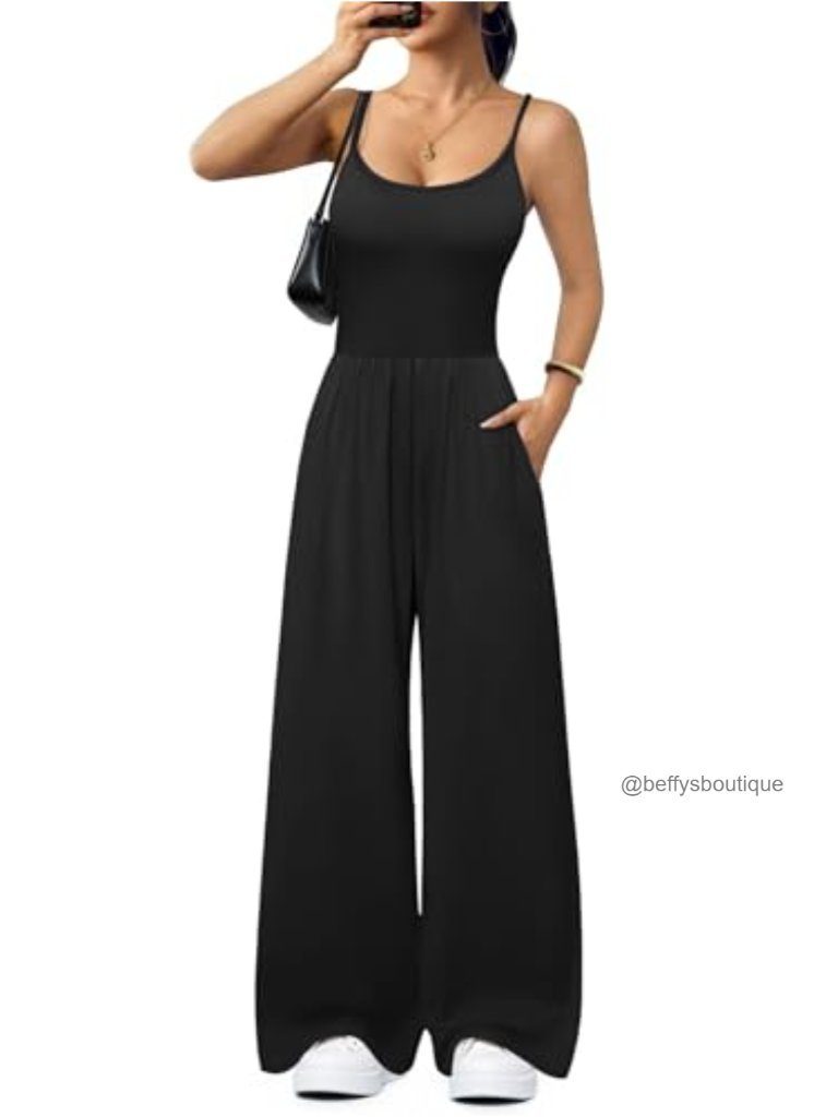Tummy Control Wide Leg Jumpsuit With Pockets - Sleeveless Romper